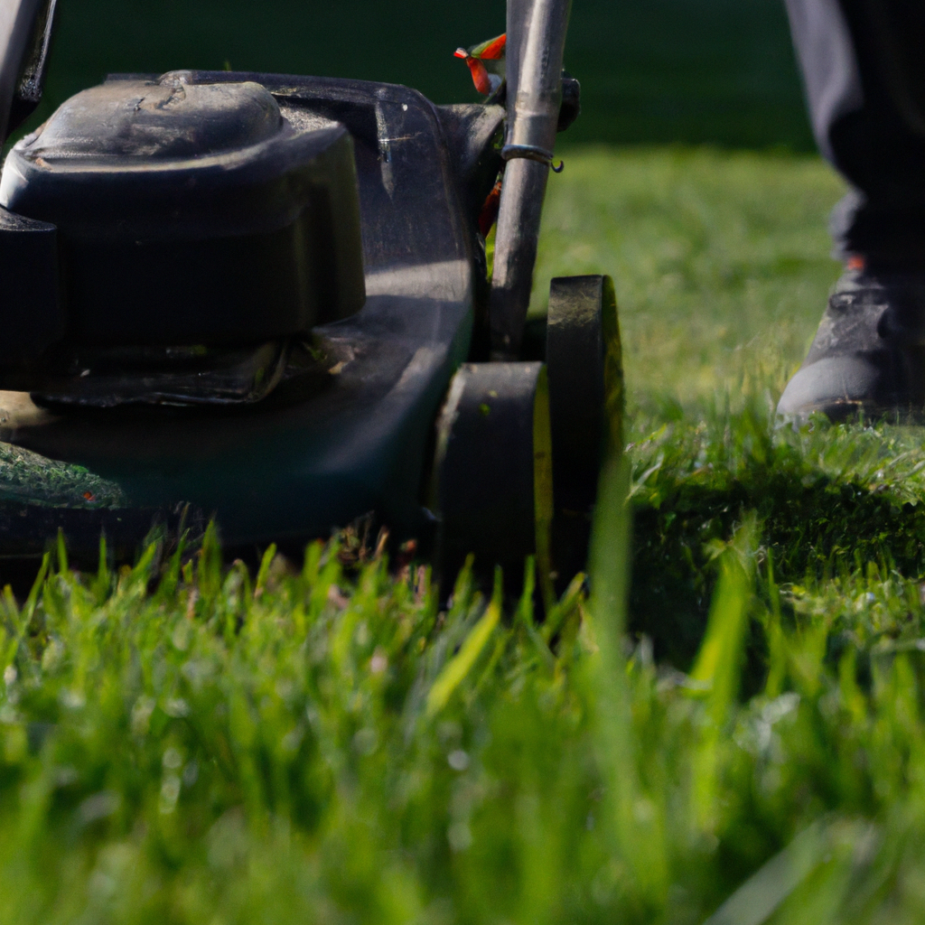 Professionele tuinier maait een Belgisch gazon in hoge resolutie, zonnige dag